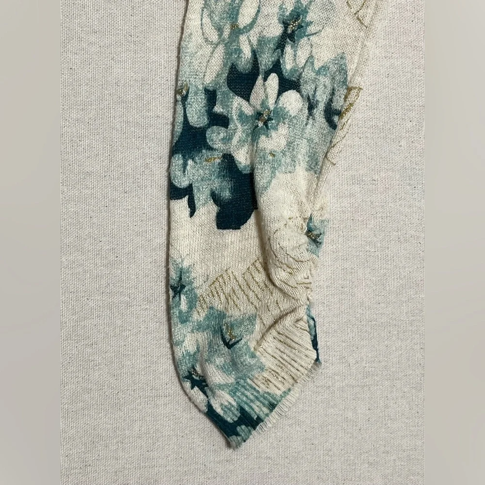 Anthropology lightweight blue-green floral cardigan with gold accents & pockets - Picture 5 of 5